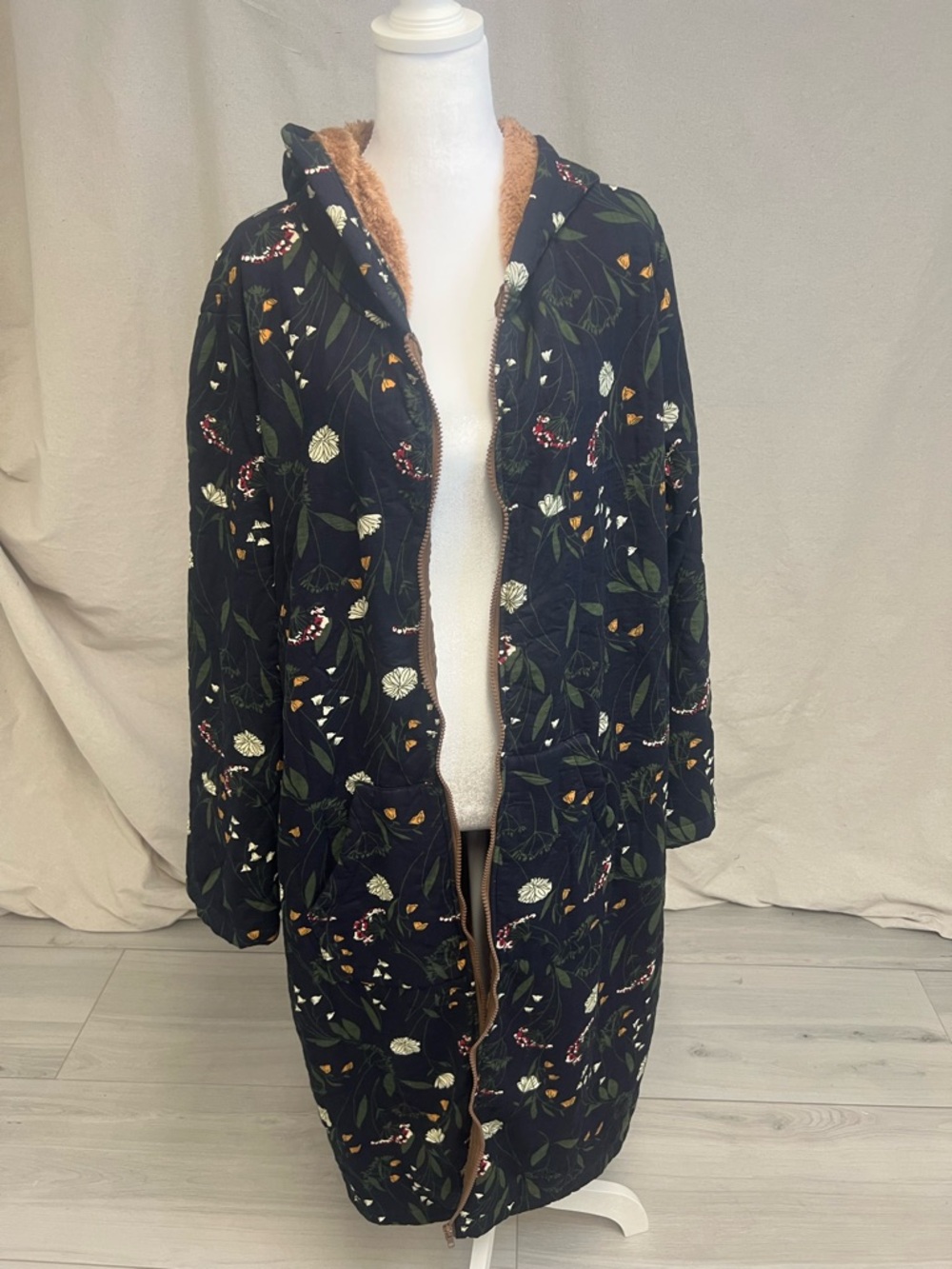 Boho‎ Floral Print Fleece Lined Hooded Coat Sz XXL Cottagecore Vintage Cozycore